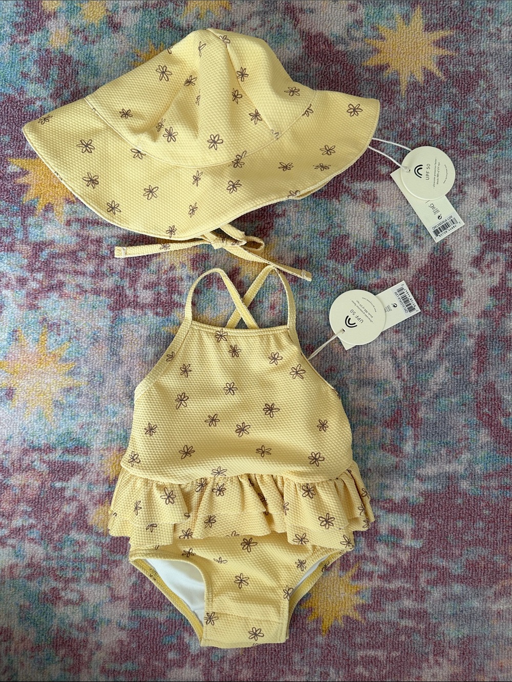 Quincy Mae Yellow Floral Ruffle One-Piece Swimsuit with Sun Hat